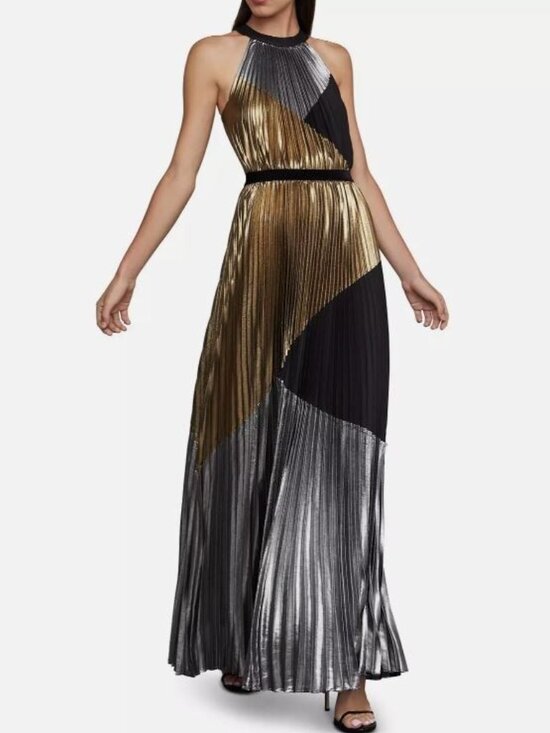 BCBGMaxAzria Dresses & Skirts - BCBGMaxAzria Metallic Gold Pleated dress with Black Trim